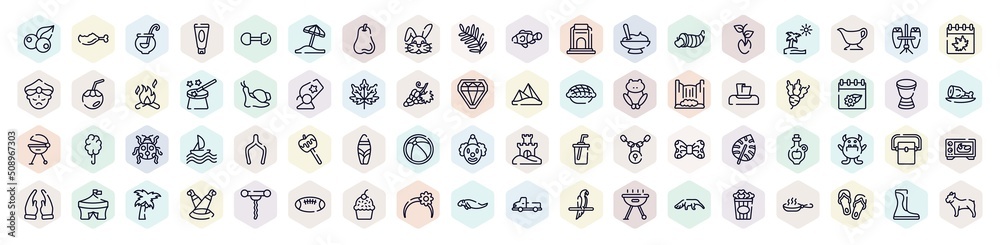 animals outline icons set. thin line icons such as berries, punch bowl, bunny, cornucopia, snails, beet, suroard, freezer, sea cow icon.