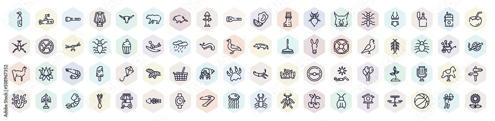 spring outline icons set. thin line icons such as oxygen tank, torch, fire hydrant, lynx, cupcake, silverfish, food basket, rocking horse, medusa icon.