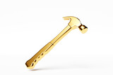 3D illustration of a   golden hammer hand tool isolated on a monocrome background. 3D render and illustration of repair and installation tool