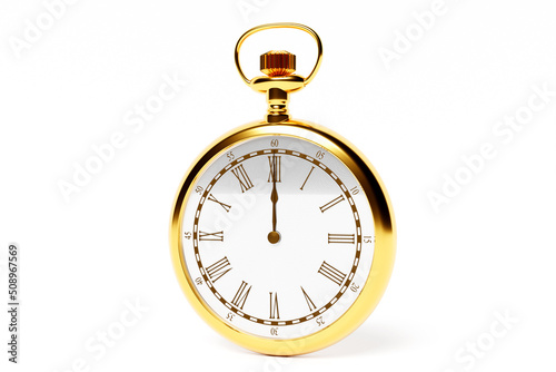 3d illustration of antique golden round clock on white isolated background. Stopwatch icon, logo. Chronometer, vintage timer