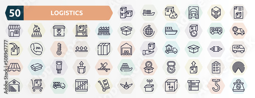 logistics outline icons set. thin line icons such as stack package, dispatch note, manufacturing plant, buses, this side up, package delivery, payment terminal, weight tool, delivery cart, green