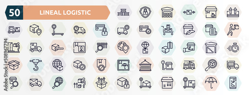 lineal logistic outline icons set. thin line icons such as containers, keep up, card blocked, delivery invoice, fragile pack, delivering, worldwide delivery, weighting, mail send, box weight icon.