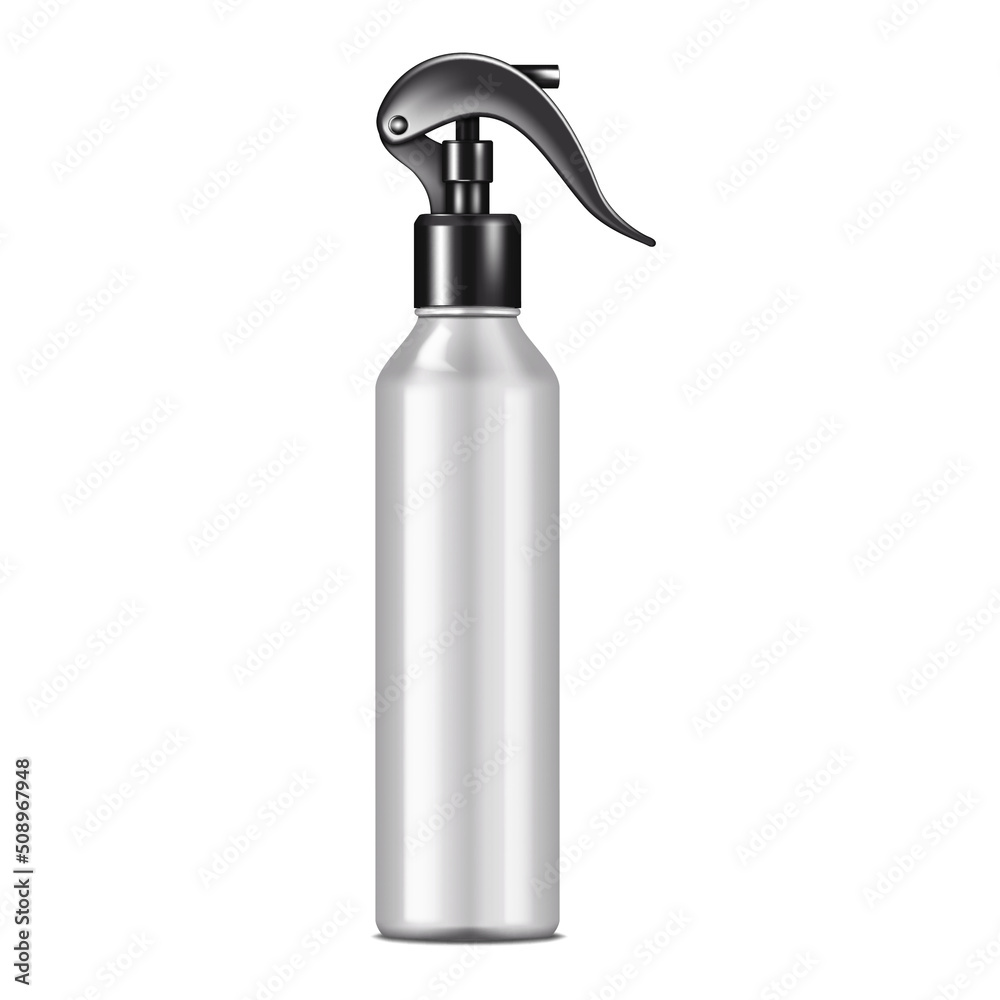 Blank silver gray opaque spray bottle isolated realistic mockup. Cosmetic product white spraying container vector mock-up. Trigger pump sprayer with black cap template