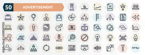 advertisement outline icons set. thin line icons such as atm hine, statistics on screen, power, encrpyted file, diagram files, configuration, null, black lightbulb, feasibility, web crawler icon.