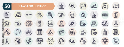 law and justice outline icons set. thin line icons such as court, prisoner transport vehicle, investigation, recorder, pepper spray, justice scales in hand, bankruptcy, case closed, real estate law,