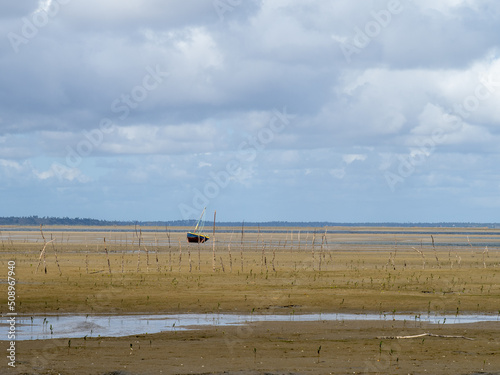 Beached boat at low tide