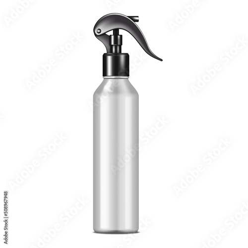 Blank silver gray opaque spray bottle isolated realistic mockup. Cosmetic product white spraying container vector mock-up. Trigger pump sprayer with black cap template