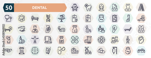 dental outline icons set. thin line icons such as frontal ambulance, mechanical ladder, operating room, test tube and drop, fetus, ear lobe side view, standing human body, heliport, recycle bin