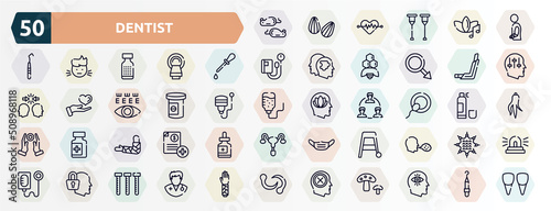dentist outline icons set. thin line icons such as mice, injury, ear dropper, inhalator, antidepressants, insemination, broken hand, walker, secret, negativity icon.