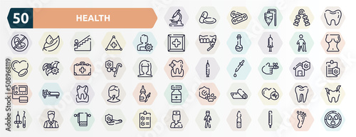 health outline icons set. thin line icons such as lab microscope, teeth black shape, woman with flower, injured leg of man, retirement, bandaged hurt finger, plaque, yoga mat, executive man, male