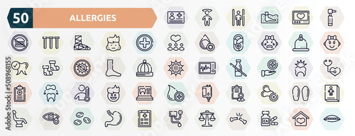 allergies outline icons set. thin line icons such as medical card, otoscope, red cross, cupping, urticaria, medical service, fever, medical certificate, conjunctivitis, weigh scale icon.