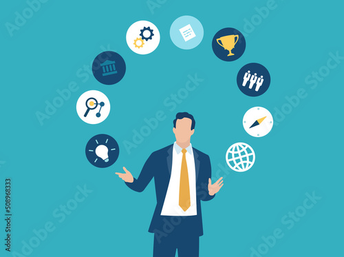Business Perfection. Risk control. Juggling with business icons. Business vector illustration.
