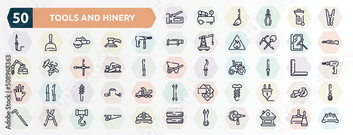 tools and hinery outline icons set. thin line icons such as big stapler, clothespin, big driller, window cleaner, planer, knife file, drill tip, bolts, pruning shears, adjustable wrench icon. photo