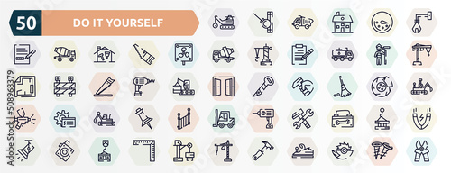 do it yourself outline icons set. thin line icons such as derrick with ball, derrick with tong, vent, man painting, drill, sweeping broom, excavator hine arm, work tools cross, roulette with button,