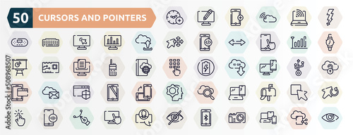cursors and pointers outline icons set. thin line icons such as add time, lightning electric energy, uploading from computer, coverage level, satellite phone, pc smartphone, window with security
