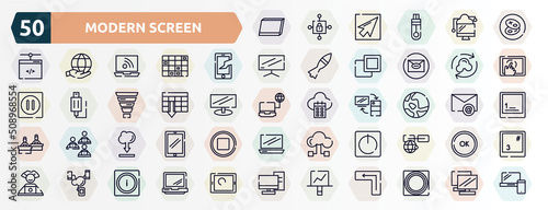 modern screen outline icons set. thin line icons such as tablet screen in perspective, cookies, null, synchronize with internet, spreadsheet ascending order, map, internet cloud download, standby,