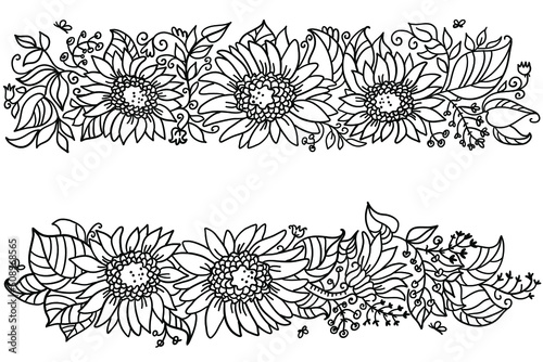Sunflower decor elements. Vector line drawing of sunflowers frame isolated on white for greeting card or print