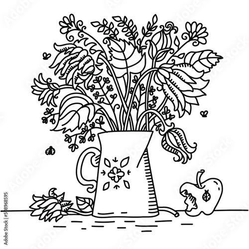 Vase of flowers stand on table. Black and white scetch outline illustration isolated on white background for print. Sunflowers in vase