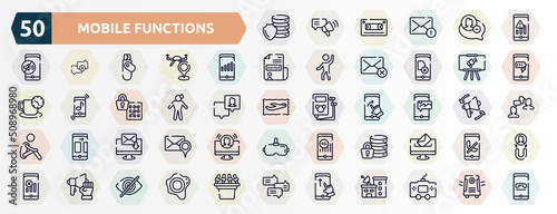 mobile functions outline icons set. thin line icons such as database security, low, high, projection, shy, mms, electronic mail, encrypt, strenght, swipe up icon.