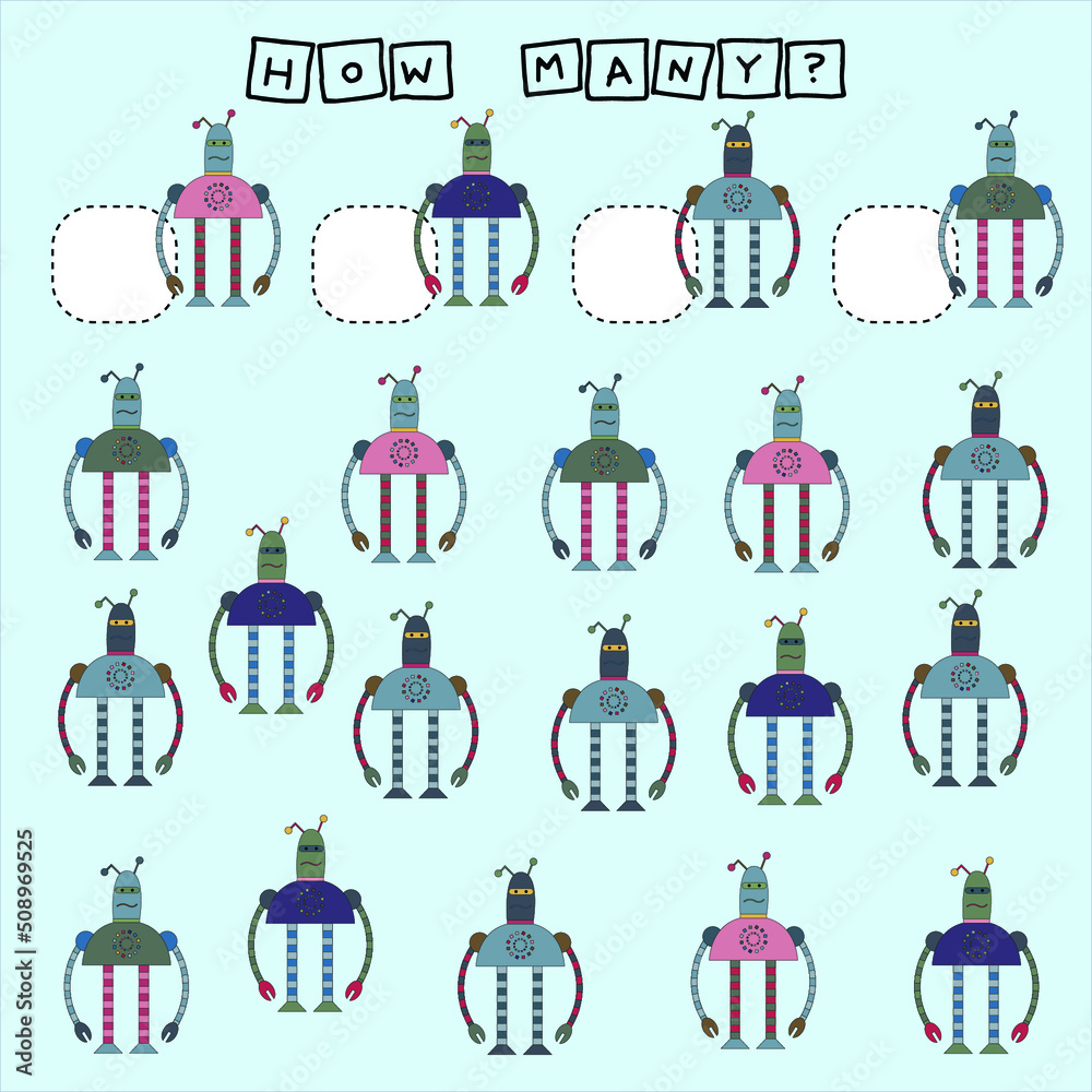 Fototapeta premium How many counting game with funny robots. Preschool worksheet, kids activity sheet, printable worksheet