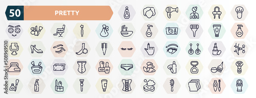 pretty outline icons set. thin line icons such as big perfume bottle, blush brush, french perfume, anti aging cream, pedicure, two earrings, pillow, after shave, liquid makeup, bath sponge icon.