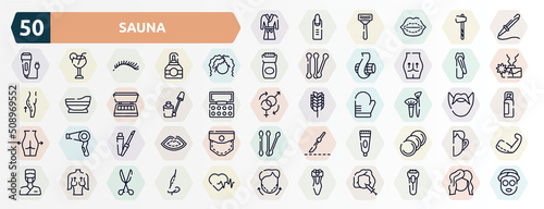sauna outline icons set. thin line icons such as robe, curling, curling hair, nail clippers, nail color, brushes, lip gloss, tooth paste, mastopexy, electric shaver icon.
