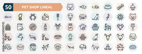 pet shop lineal outline icons set. thin line icons such as hedgehog head, sleighbell, flea comb, sea urchin, pet lotion, dog and veterinarian, dog eating, dog seating, cat bed, chasing tail icon.
