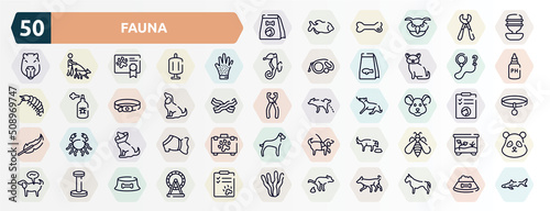 fauna outline icons set. thin line icons such as cat food, water replenisher, grooming glove, leash, sitting dog, mouse head, cone of shame, feeding the dog, scratching platform, dog poo icon.