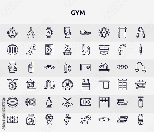 gym outline icons set. thin line icons such as routine, yellow card, medicine ball, swiss bar, tanktop, hockey arena, field hockey, fishing boat, squats icon.
