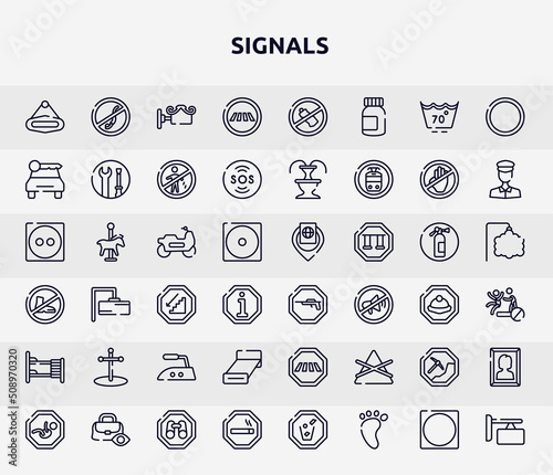 signals outline icons set. thin line icons such as hanging, road crossing, car rental, motorbike riding, hunting zone, cross stuck in ground, bed 3d view, mining work zone, smoke zone icon.