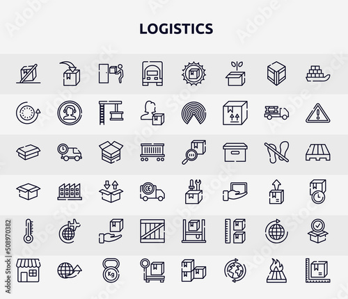 logistics outline icons set. thin line icons such as do not tilt, frontal truck, 24 hours, open cardboard box, construction and tools, airplane around earth, wooden box, distribution, parcel weight,