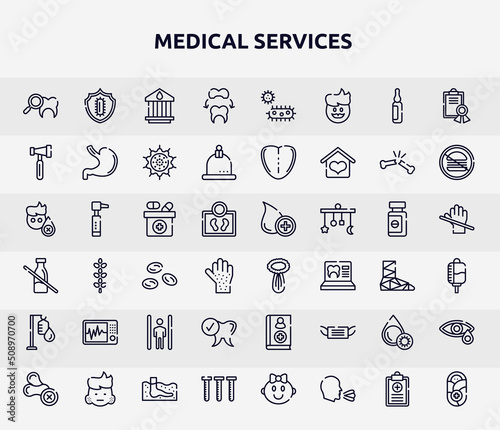medical services outline icons set. thin line icons such as dental checkup, dental crown, reflex hammer, medicine box, celery, icu, healthy tooth, platelet, blood sample icon.