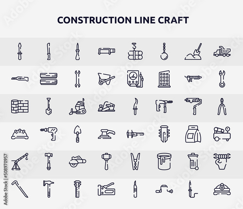 construction line craft outline icons set. thin line icons such as screwdriver pointing up, hacksaw with handle, stationery knife, bulldozing, calipers, hammer facinf left, big hammer, dumpster, big