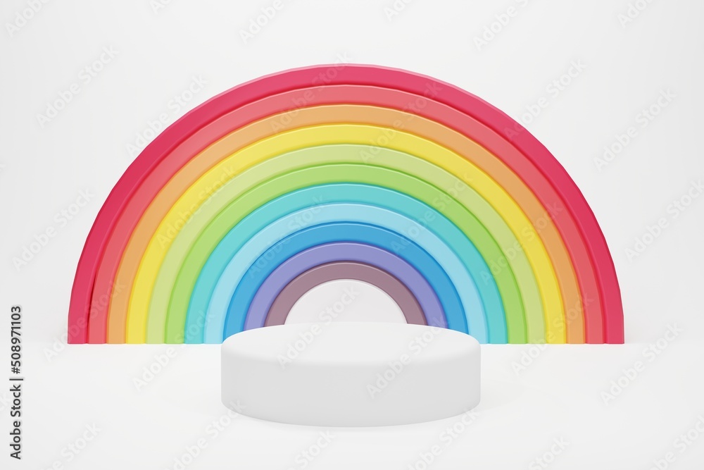 Rainbow curve with white podium. LGBTQ Pride Month. Human rights or diversity concept. 3D Rendering Rainbow curve with white podium. LGBTQ Pride Month. Human rights or diversity concept. 3D Rendering