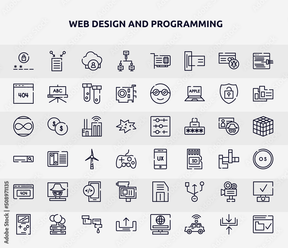 web design and programming outline icons set. thin line icons such as passwords, local network, error 404, smart city, ux, hacking, online robbery, video production, uploading icon.