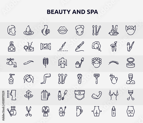 beauty and spa outline icons set. thin line icons such as implant, lip augmentation, cologne, birch whisk, shaver, oak, mascara makeup, breast reduction, mascara icon.