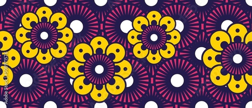 African ethnic traditional pink background pattern. seamless beautiful yellow flower pattern. fashion design in colorful. Geometric circle abstract motif. Floral Ankara prints  African wax prints.
