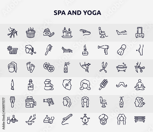 spa and yoga outline icons set. thin line icons such as haircut, wax, cold water, cucumber, woman hair, barber, woman head side view, face cleanser, curling iron icon.