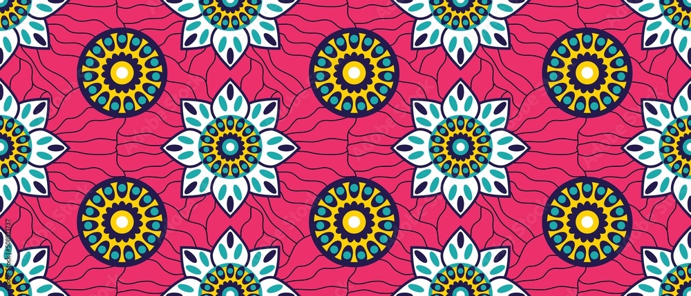 African ethnic traditional pink background pattern. seamless beautiful Kitenge, chitenge style. fashion design in colorful. Geometric circle abstract motif. Floral Ankara prints, African wax prints.