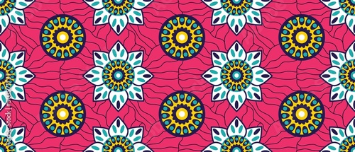 African ethnic traditional pink background pattern. seamless beautiful Kitenge  chitenge style. fashion design in colorful. Geometric circle abstract motif. Floral Ankara prints  African wax prints.