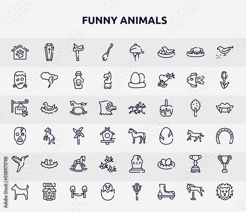 funny animals outline icons set. thin line icons such as pet hotel, broom, frankenstein, horse rocker, horse standing, birds in nest, birds group, horses races trophy, bird in broken egg