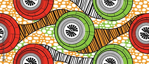 African traditional red, green and yellow pattern. seamless beautiful Kitenge, chitenge style. fashion design in colorful. Geometric circle abstract motif. Floral Ankara prints, African wax prints. photo