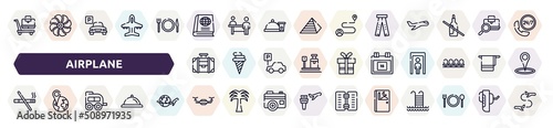 airplane outline icons set. thin line icons such as null, geography text book, ripped jeans, travelling handle bag, calendar day 15, smoking prohibition, two window carriage, unmanned, prayer room,