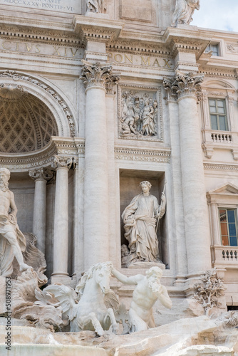 Detail of statue in The Fontana di Trevi or Trevi Fountain. the fountain in Rome, Italy. It is the largest Baroque fountain in the city and the most beautiful in the world.