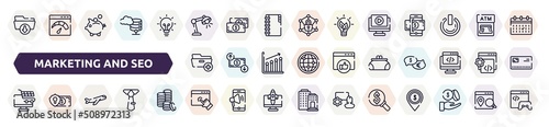 marketing and seo outline icons set. thin line icons such as download folder, study light, play video, folder with plus, women puser, e commerce, inclined airplane, web cursor, currency search,