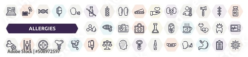 allergies outline icons set. thin line icons such as null, lactose intolerant, kidney, trans fat, pediatrics, allergenic, red cross, blood bag, medical mask icon.