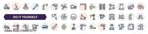 do it yourself outline icons set. thin line icons such as roller hine of construction, null, tiremark, inclined ax, two screws, excavator hine arm, hammer in hand, saw hand drawn tool, hine drill,