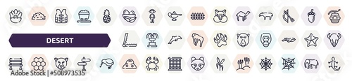 desert outline icons set. thin line icons such as pearl, nest, dromedary, trap, baboon, bench, jaguar, anthill, branches icon.