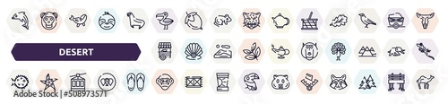 desert outline icons set. thin line icons such as dolphin, pelican, picnic basket, food stand, baboon, puffer fish, cable car, chimpanzee, trap icon.