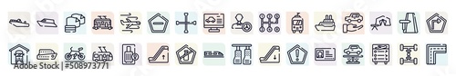 driving school outline icons set. thin line icons such as motorboat, microfiber, do not enter, manual transmission, rental car, ferry boat, trolleybus, no liquid, driving pass icon.